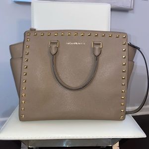 Michael Kors XL Taupe and Gold Selma Stud Satchel